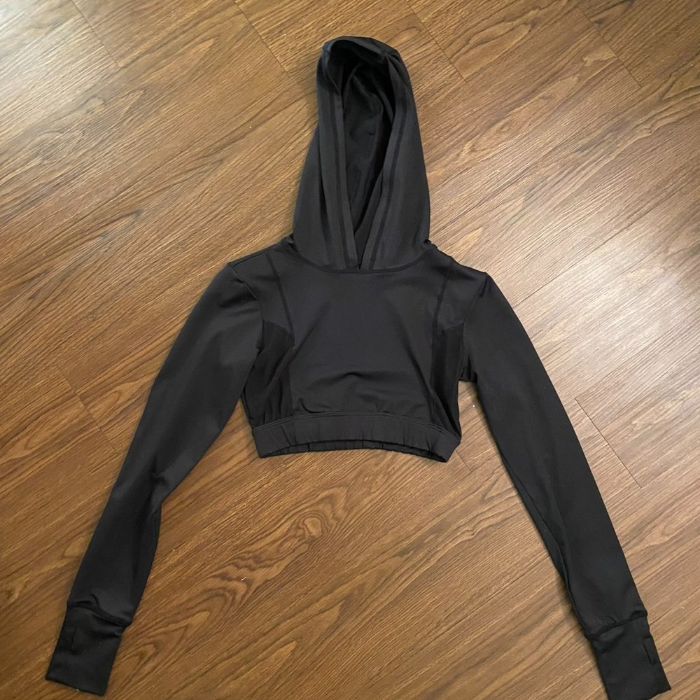 Long Sleeve Hooded Crop Top with Mesh Black BCBGeneration Size Small